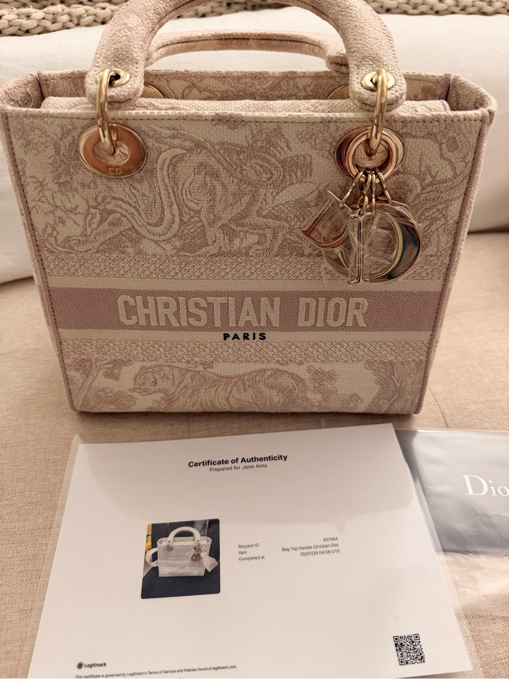 Dior Beige Embroidered Book Tote with Gold-Tone Hardware